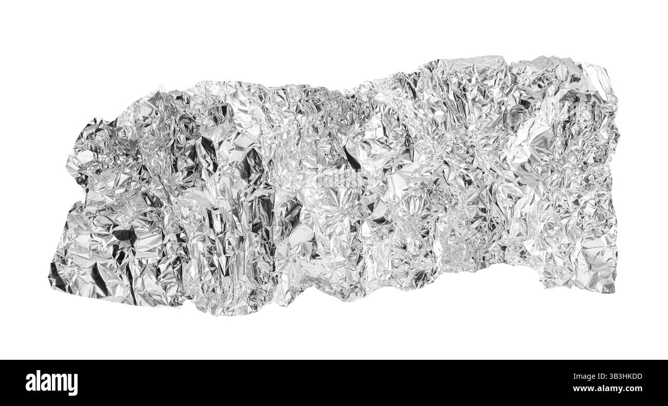 Morceau de papier d'aluminium brillant froissé isolé sur blanc, vue de dessus Banque D'Images Morceau de papier d'aluminium brillant froissé isolé sur blanc, vue de dessus Banque D'Images