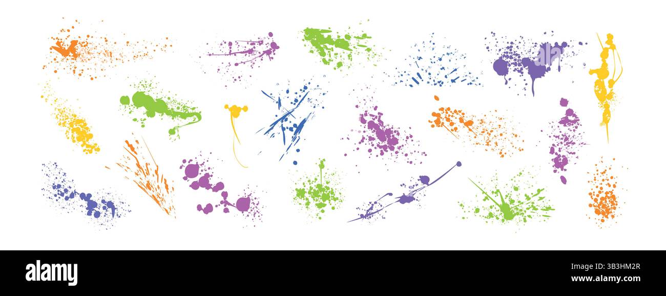 Jeu vectoriel de gouttes de peinture en aérosol coloré, d'éclaboussures ou de taches d'encre. Éclaboussures sales, taches de graffiti et taches d'encre. Taches de pinceau, gouttes d'encre ou taches de liquide. Taches de grunge abstraites Illustration de Vecteur
