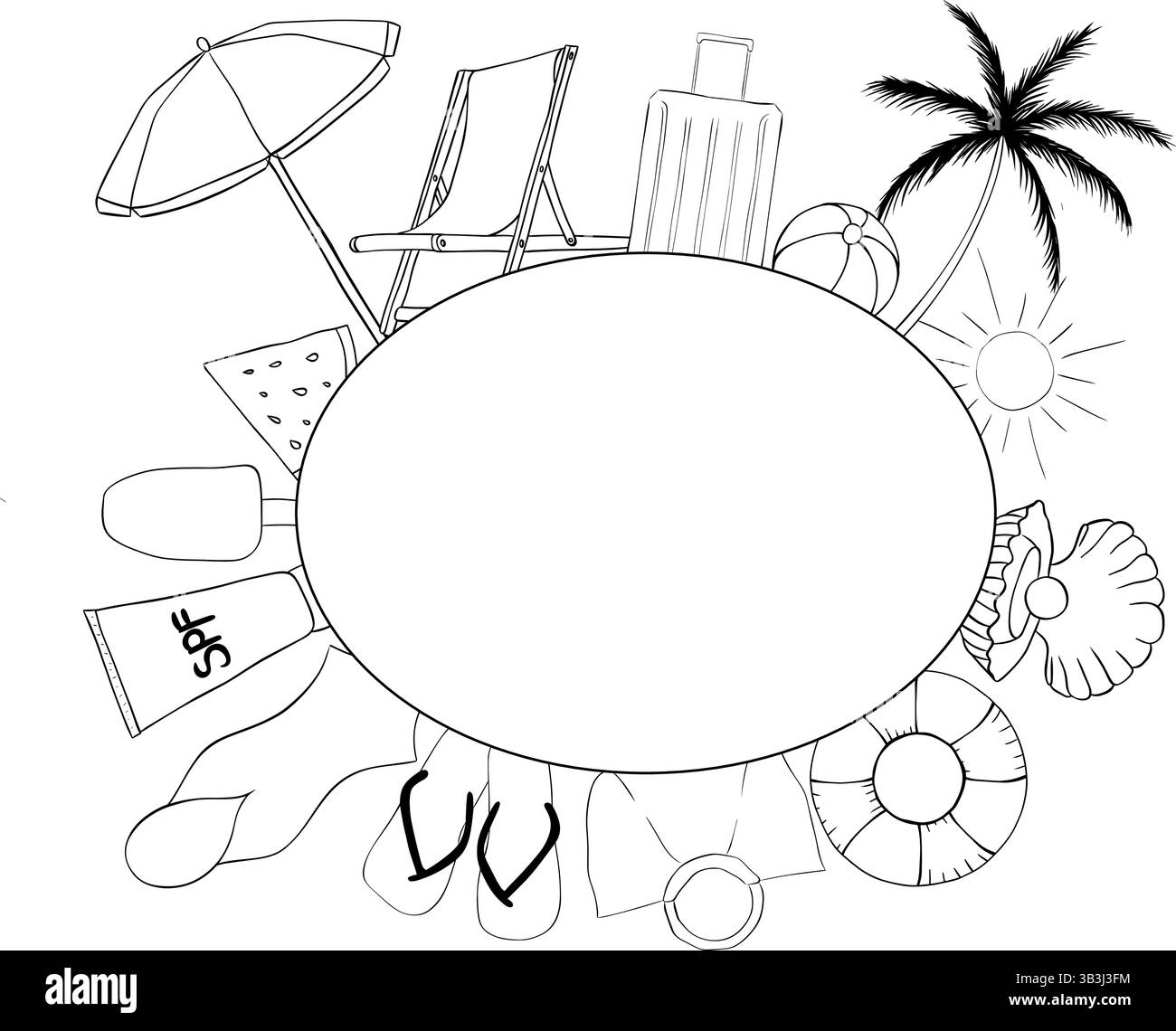 Plage vacances modèle de cadre ovale pour le texte. Illustration vectorielle d'encre de ligne graphique. Un emplacement pour le texte au centre. Modèle de bannière pour cartes de vœux, Illustration de Vecteur