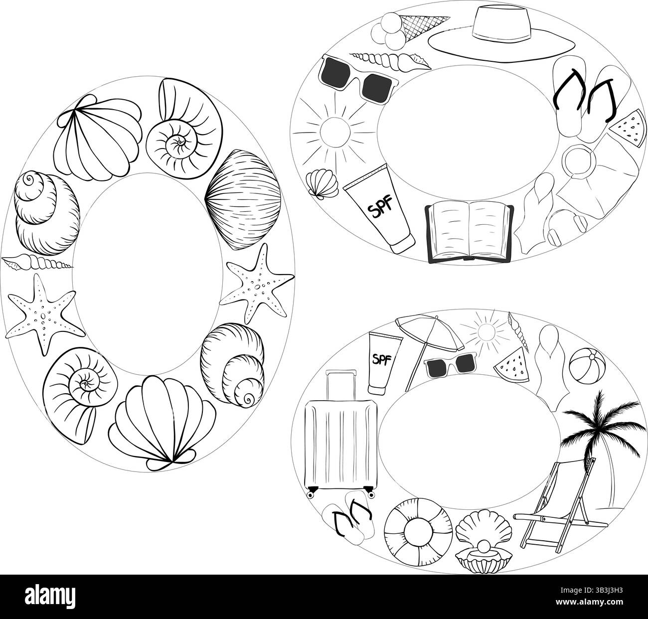 Vacances à la plage, essentiels, coquillages modèle de cadre ovale Set pour le texte. Illustration vectorielle d'encre de ligne graphique. Un emplacement pour le texte au centre. Bannière t Illustration de Vecteur