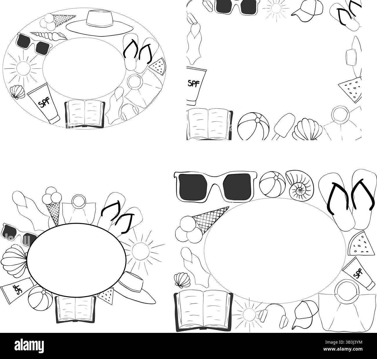 Beach Essentials modèle de cadre rectangle ovale pour le texte. Illustration vectorielle d'encre de ligne graphique. Pour l'affiche de vacances, invitation de fête de plage, toile de fond, Illustration de Vecteur
