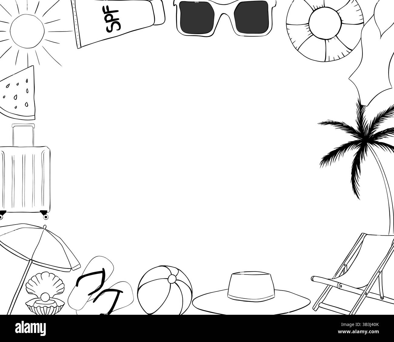 Modèle de cadre rectangle de vacances de plage pour le texte. Illustration vectorielle d'encre de ligne graphique. Exemple d'affiche, invitation de fête, bannière de vacances, carte postale. Des Illustration de Vecteur