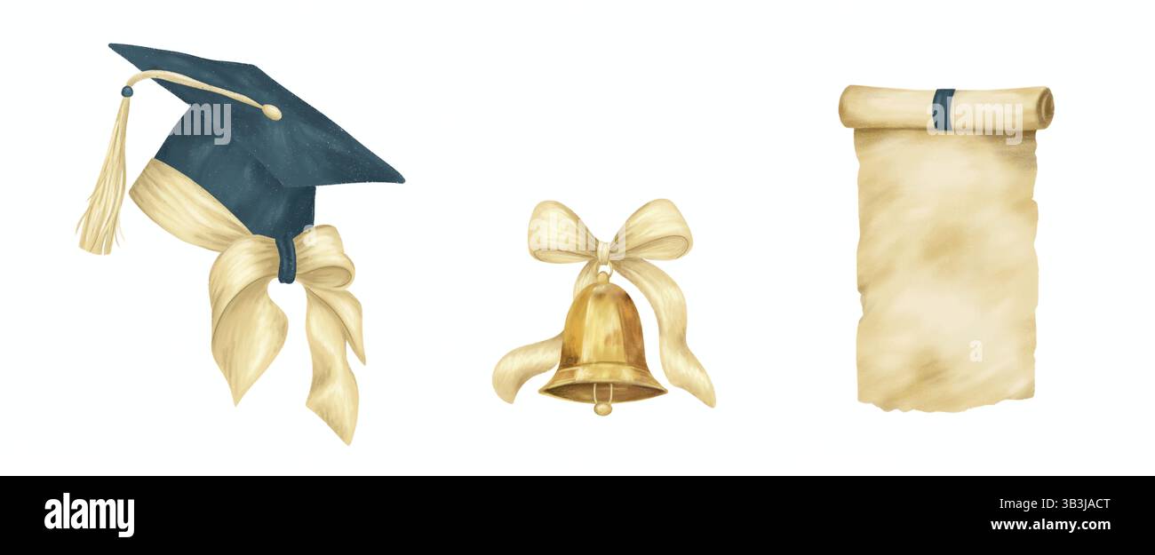 chapeau de graduation, cloche et papier sur blanc isolé. Elément décoratif gradué. Ensemble de cérémonie diplôme événement dessin dessin animé illustration Banque D'Images