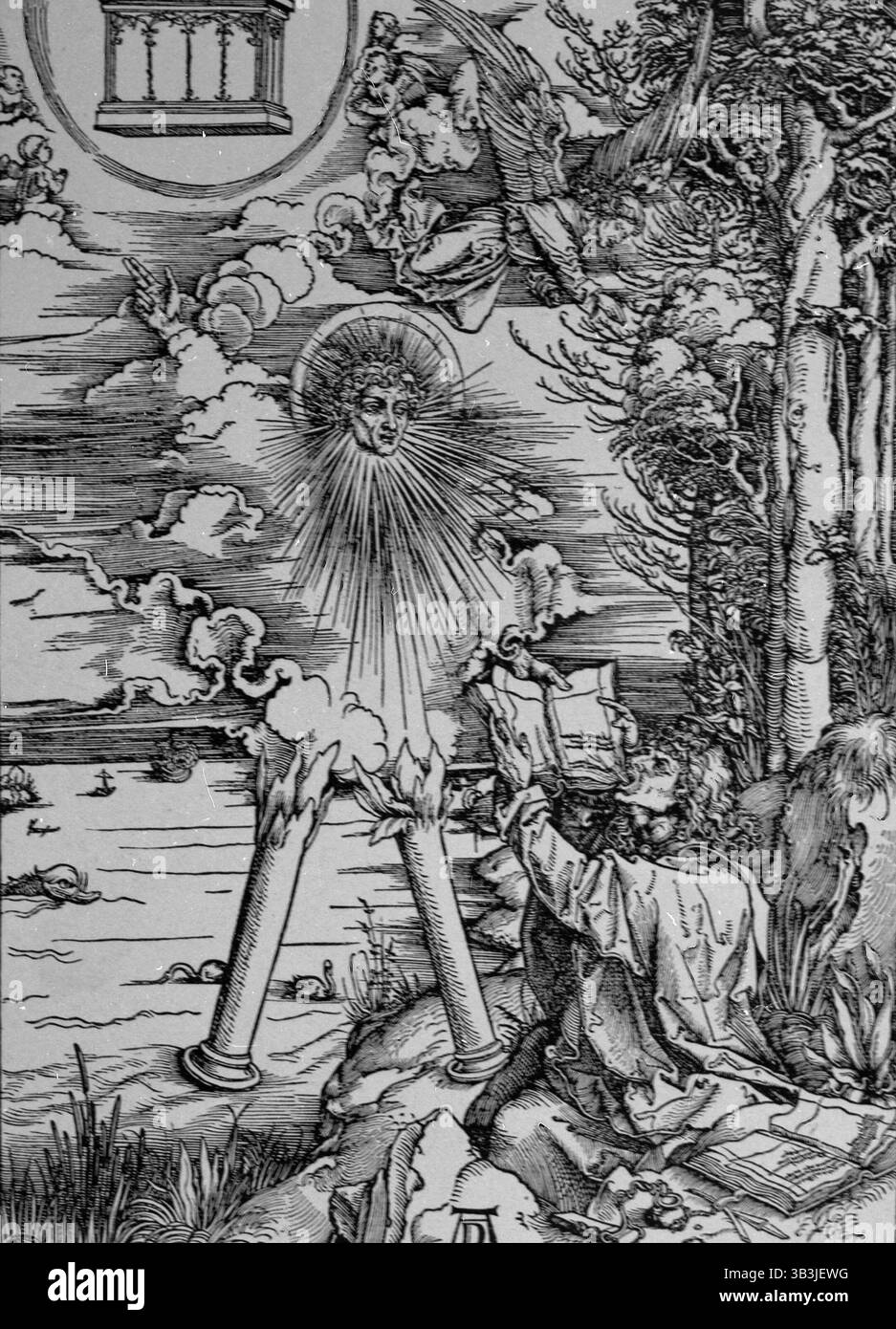 St John dévorant le livre, illustration de St John Apocalypse Banque D'Images