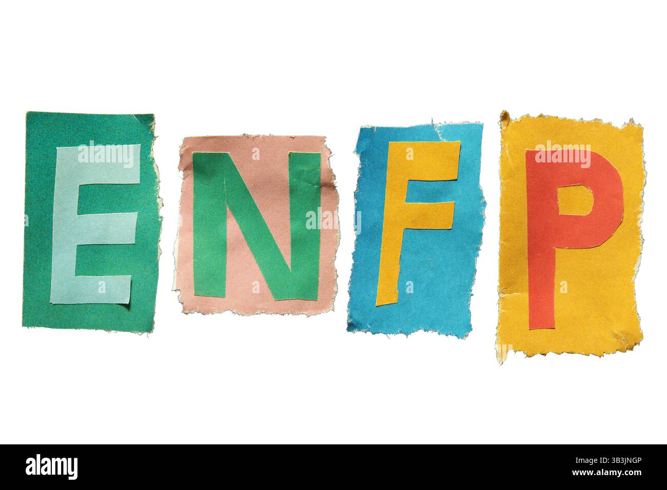 ENFP ou militant est un type de personnalité avec les traits extravertis, intuitifs, de sentiment et de prospection. Alphabets fabriqués à partir de papier magazine Banque D'Images