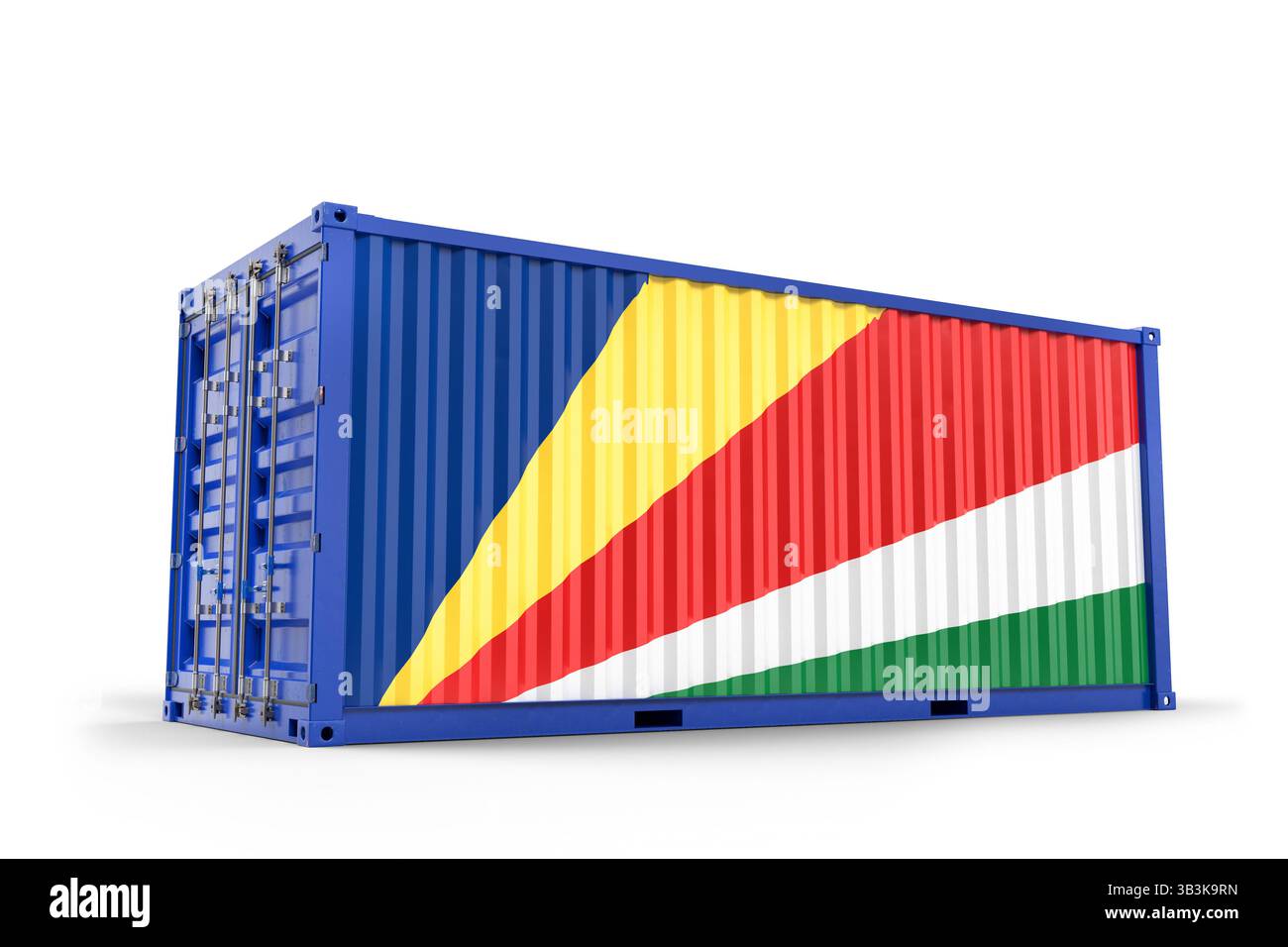 Conteneur de fret orné du drapeau des Seychelles, représentant des concepts d'importation, d'exportation et de commerce mondial sur un marché international. Rendu 3D. Banque D'Images