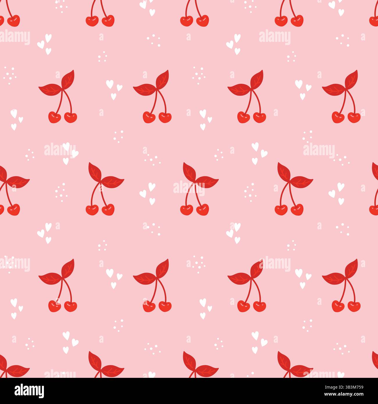 Motif sans couture Cute Cherry Bow sur fond rose. Cerises ludiques dessinées à la main avec des coeurs dans un style féminin. Parfait pour tissu, emballage cadeau Illustration de Vecteur