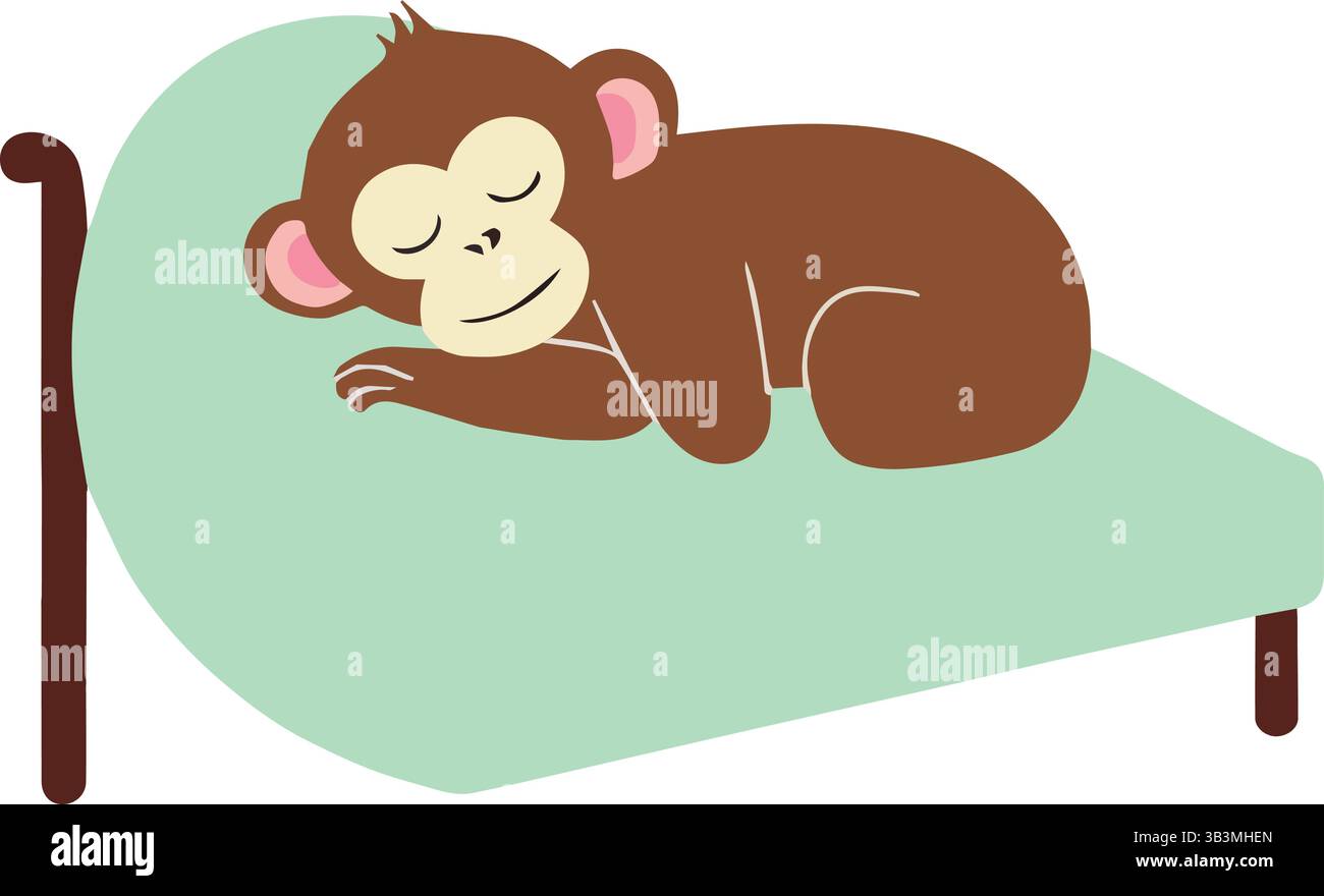 Joli singe dormant paisiblement sur un lit, les yeux fermés et souriant. Illustration de Vecteur