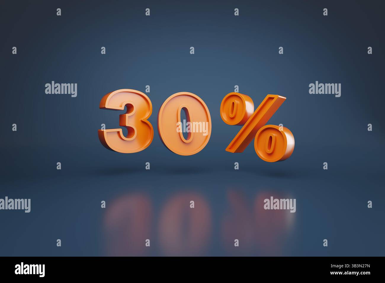 30 pour cent en trois dimensions sur fond bleu. Illustration 3D. Banque D'Images