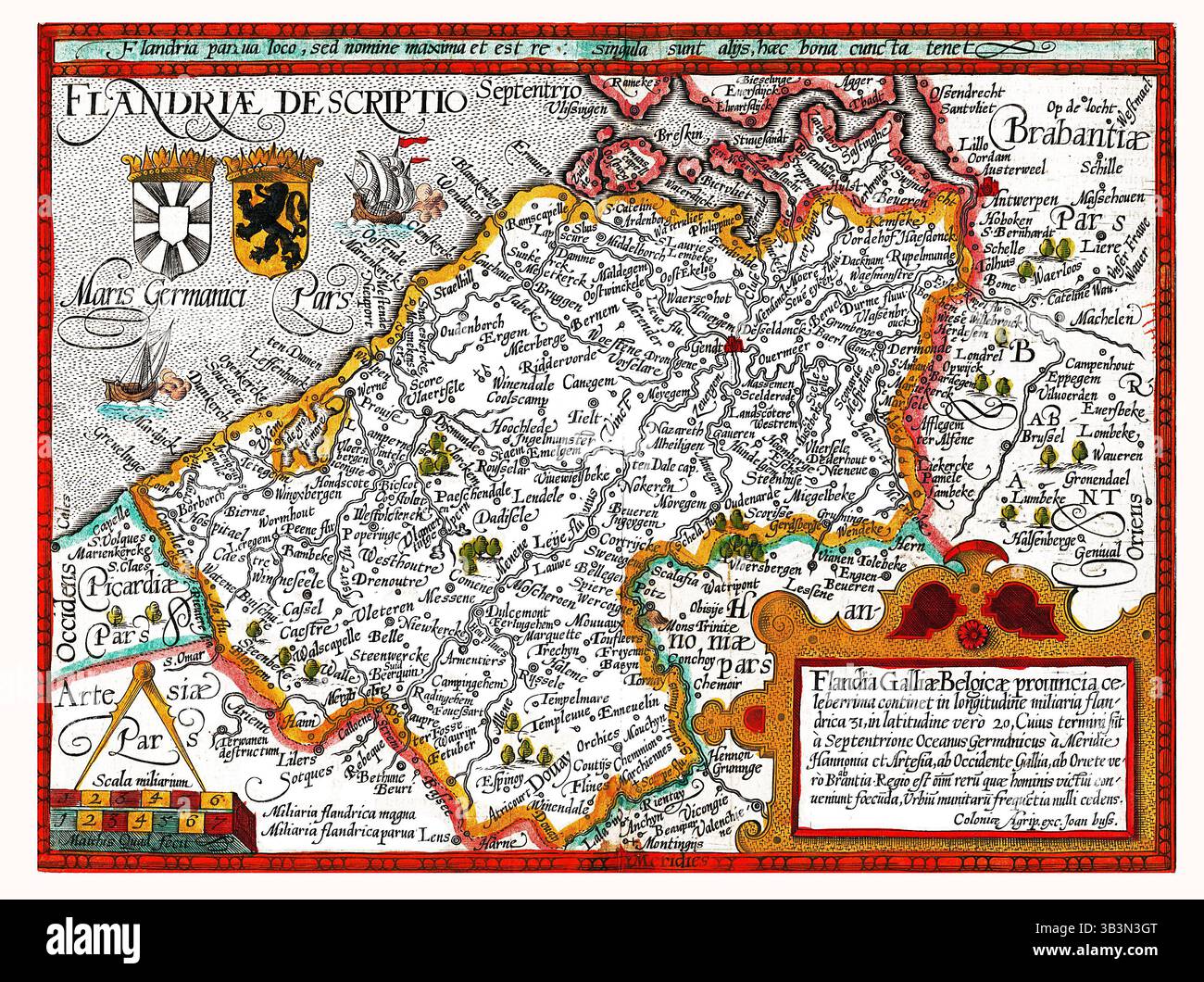 Carte du comté de Flandre par Matthias Quad et Johannes Bussem, cartographie antique du XVIIe siècle de la Belgique et du Nord de la France Banque D'Images