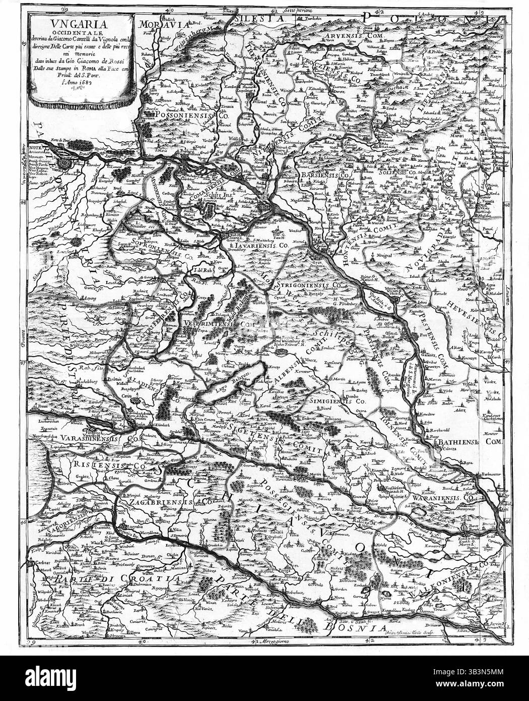 Carte de la Hongrie partie occidentale 1683, cartographie antique de l'Europe centrale avec l'Autriche, la Slovénie, la Croatie, la Bosnie, rare atlas historique Banque D'Images