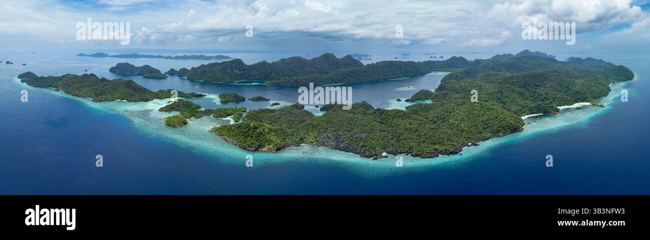 Des îles de calcaire accidentées naissent des mers chaudes de Misool, Raja Ampat. Cette région tropicale est une destination populaire pour les plongeurs et les plongeurs. Banque D'Images