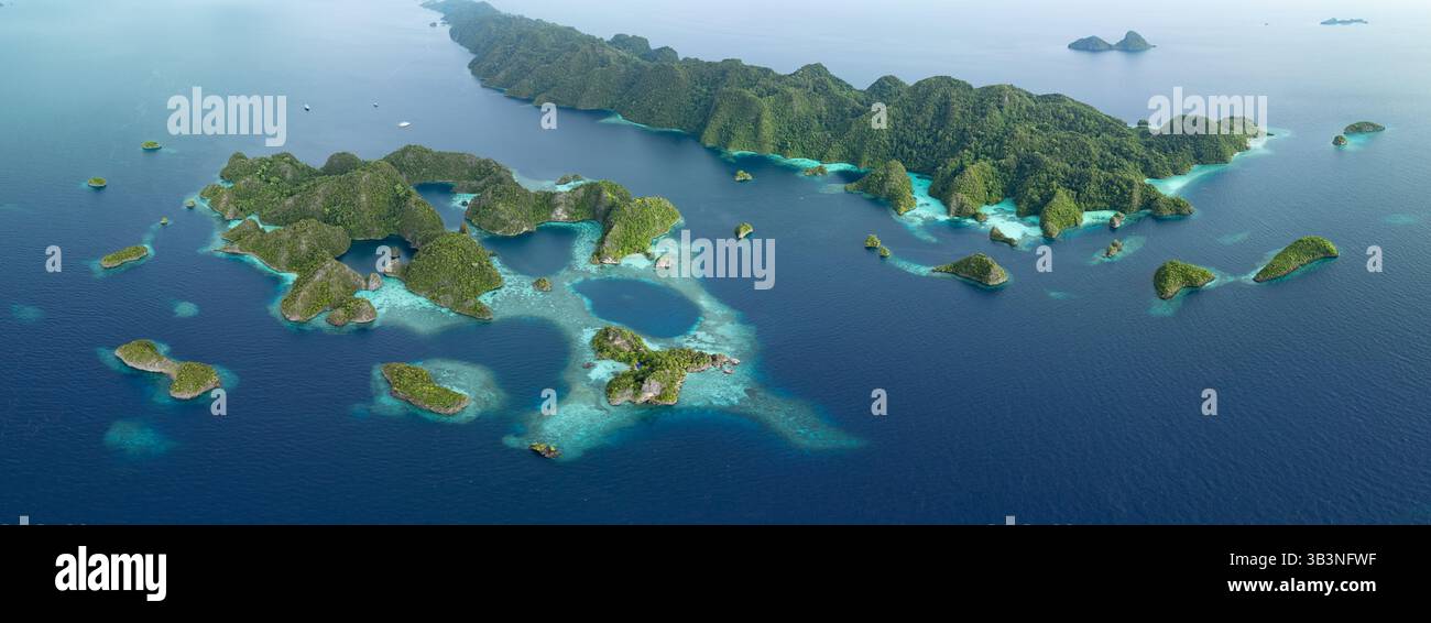 Des îles de calcaire accidentées naissent des mers chaudes de Misool, Raja Ampat. Cette région tropicale est une destination populaire pour les plongeurs et les plongeurs. Banque D'Images