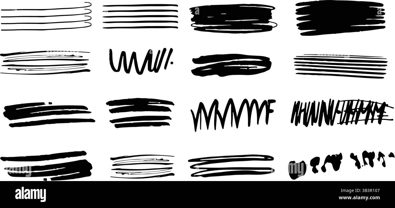 Ensemble de lignes de griffonnage dessinées à la main, lignes de griffonnage dessinées à la main. Collection de bandes de marquage Doodle. Soulignements croisés et ondulés. Gribouillage fait à la main Illustration de Vecteur