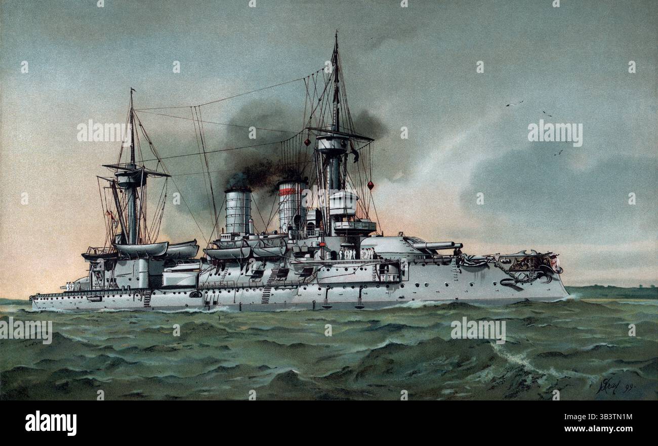 Le cuirassé S. M. Kurfürst Friedrich Wilhelm était un cuirassé de classe Brandebourg de la marine impériale allemande. Il a été lancé le 30 juin 1891 au chantier naval impérial de Wilhelmshaven et mis en service le 29 avril 1894. Caractéristiques techniques : - **longueur :** 115,7 m - **largeur :** 19,5 m - **tirant d'eau :** 7,9 m - **cylindrée :** 10 670 tonnes (maximum) - **vitesse :** 16,9 nœuds (environ 31 km/h) - **équipage :** 568–591 hommes - **armure :** - 4 canons de 28 cm - 6 canons de 10,5 cm - 8 × 8,8 cm 60 - 6 × 45 cm tubes torpilles - **armure 300 : ** armure de ceinture : 300 mm - historique : 400 mm Banque D'Images