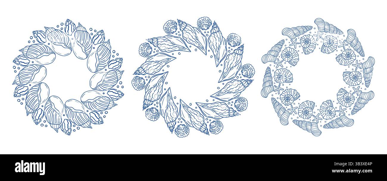 Couronnes décoratives représentant des coquillages et des étoiles de mer dans des éléments de design côtier Illustration de Vecteur