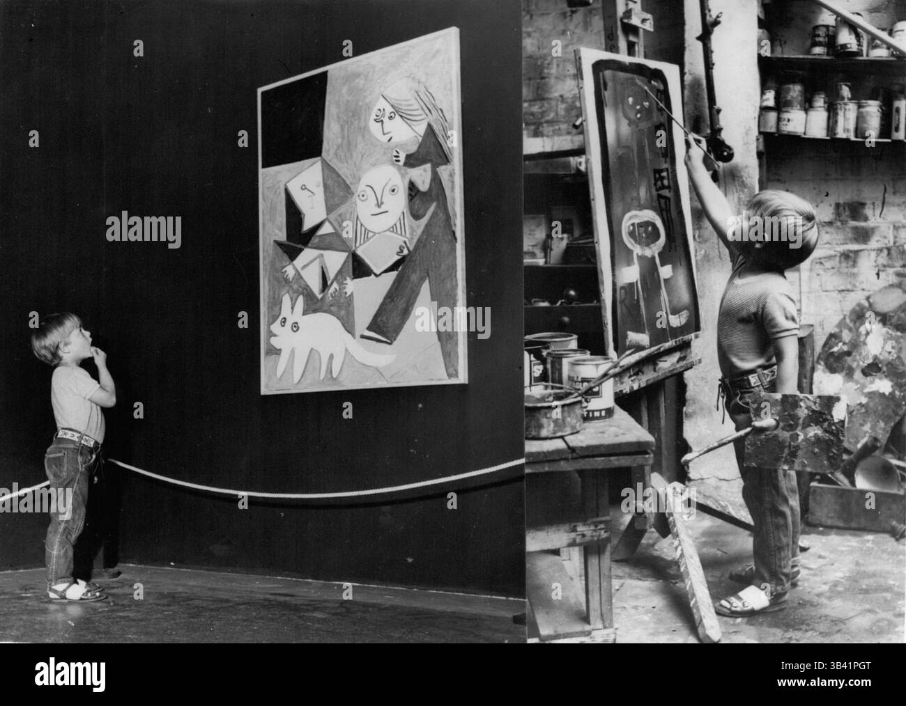 18 avril 2012 - L'enfant artiste et Picasso. A Londres : il y a deux ans, Romany de Villiers, enfant de trois ans, a vendu son premier tableau à la London Embankment Art Exhibition pour cinq guinées et a reçu une publicité mondiale. Il était appelé le deuxième pcasso. Et maintenant, un enfant de cinq ans plus expérimenté est tout het-up sur l'exposition Picasso à la Tate Gallery de Londres et il a juste eu à visiter l'endroit et ramasser quelques idées sur Cubiam et la période bleue. Il était dans son monde de rêve à la Tate. Tant fut-il impressionné par les œuvres du grand peintre qu'il eut à peine le temps de regarder autour de b. Banque D'Images