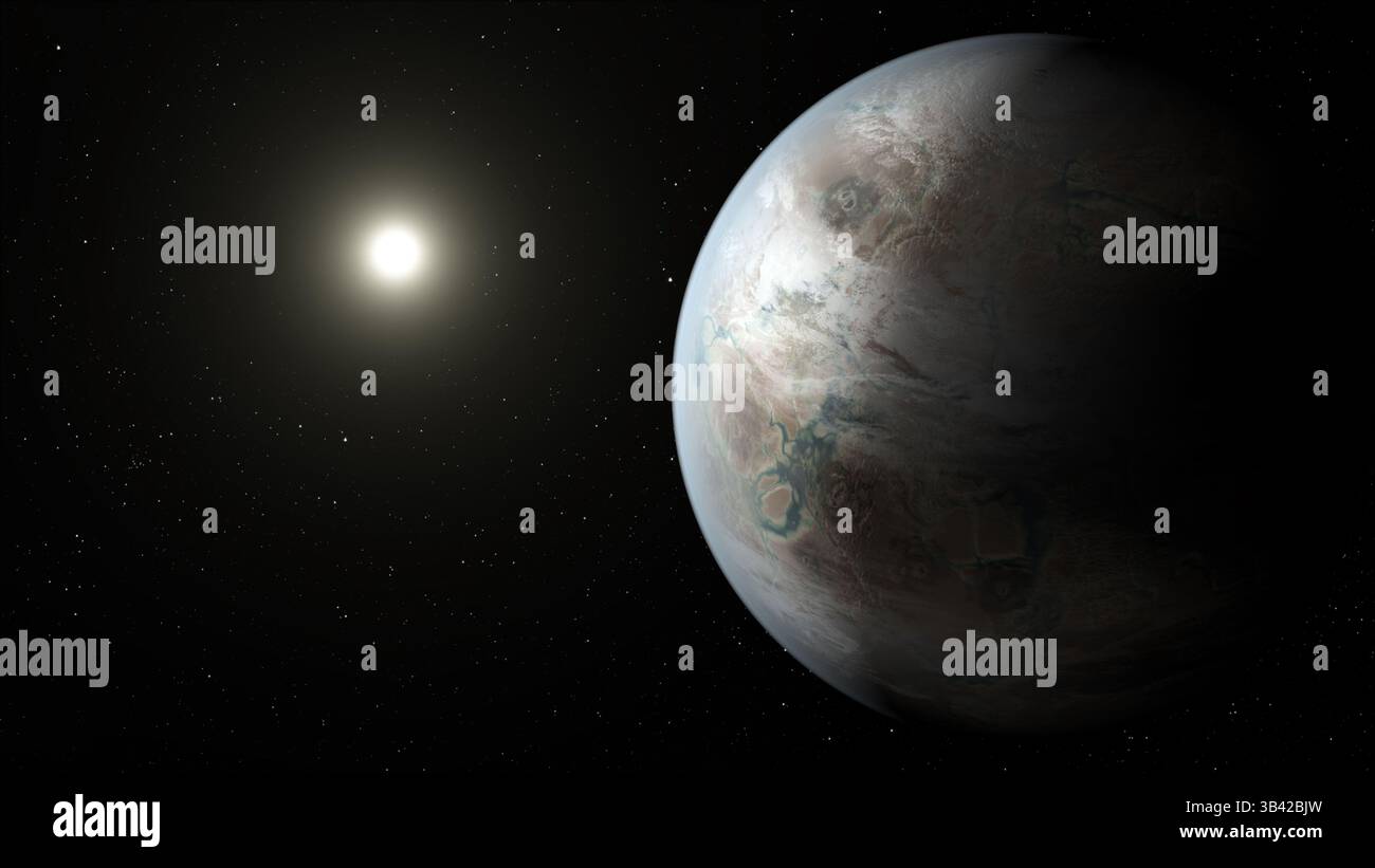 23 juil. 2015 - la mission Kepler de la NASA a découvert Kepler-452b, la première planète de la taille de la Terre autour d'une étoile ressemblant au soleil. Kepler-452b, qui se trouve à 1 400 années-lumière de la Terre, est la plus petite planète découverte en orbite dans la zone habitable, selon la NASA. SUR LA PHOTO : concept artistique de Kepler 452b en orbite autour de son étoile, à 1 400 années-lumière de la Terre. (Crédit image : © T. Pyle/Jet propulsion Laboratory/NASA/ZUMAPRESS.com) Banque D'Images