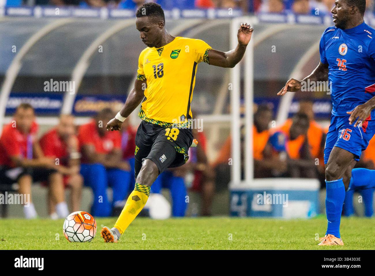 18 juillet 2015 Baltimore, MD : #18 Jamaica M Simon Dawkins pendant le match de quart de finale de la Coupe d'or de la CONCACAF entre Haïti et la Jamaïque au M&T Bank Stadium de Baltimore, MD. Jacob Kupferman/CSM(crédit image : © Jacob Kupferman/Cal Sport Media/ZUMAPRESS.com) Banque D'Images