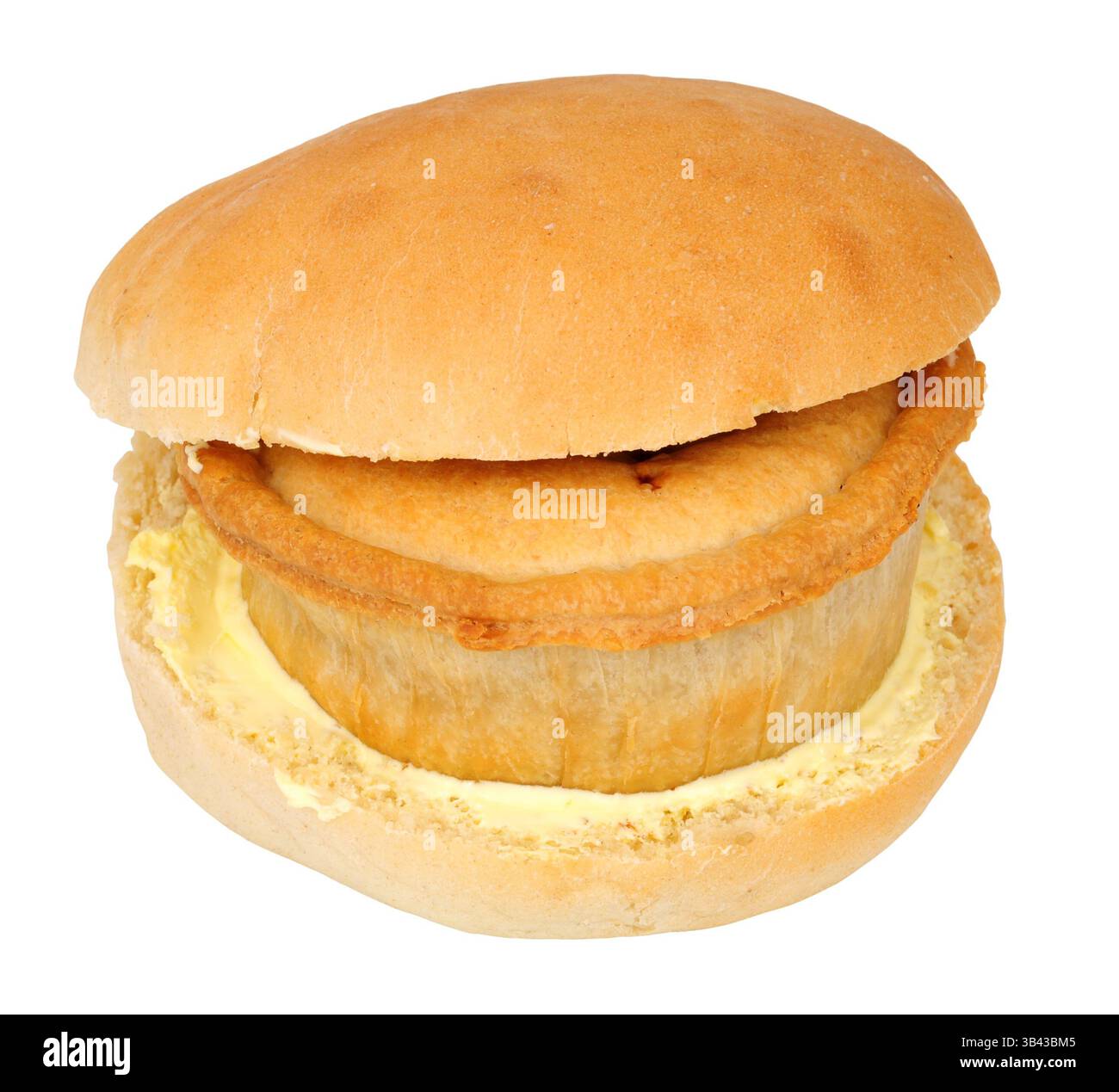 Sandwich à la viande de kebab et à la tarte aux pommes de terre Wigan une tarte salée dans un rouleau de pain beurré produit alimentaire populaire de Chip Shop de Wigan Greater Manchester Angleterre Banque D'Images
