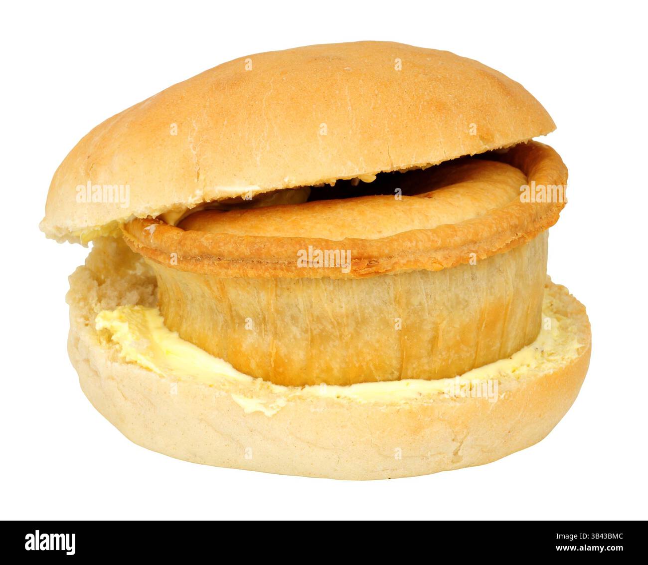 Sandwich à la viande de kebab et à la tarte aux pommes de terre Wigan une tarte salée dans un rouleau de pain beurré produit alimentaire populaire de Chip Shop de Wigan Greater Manchester Angleterre Banque D'Images