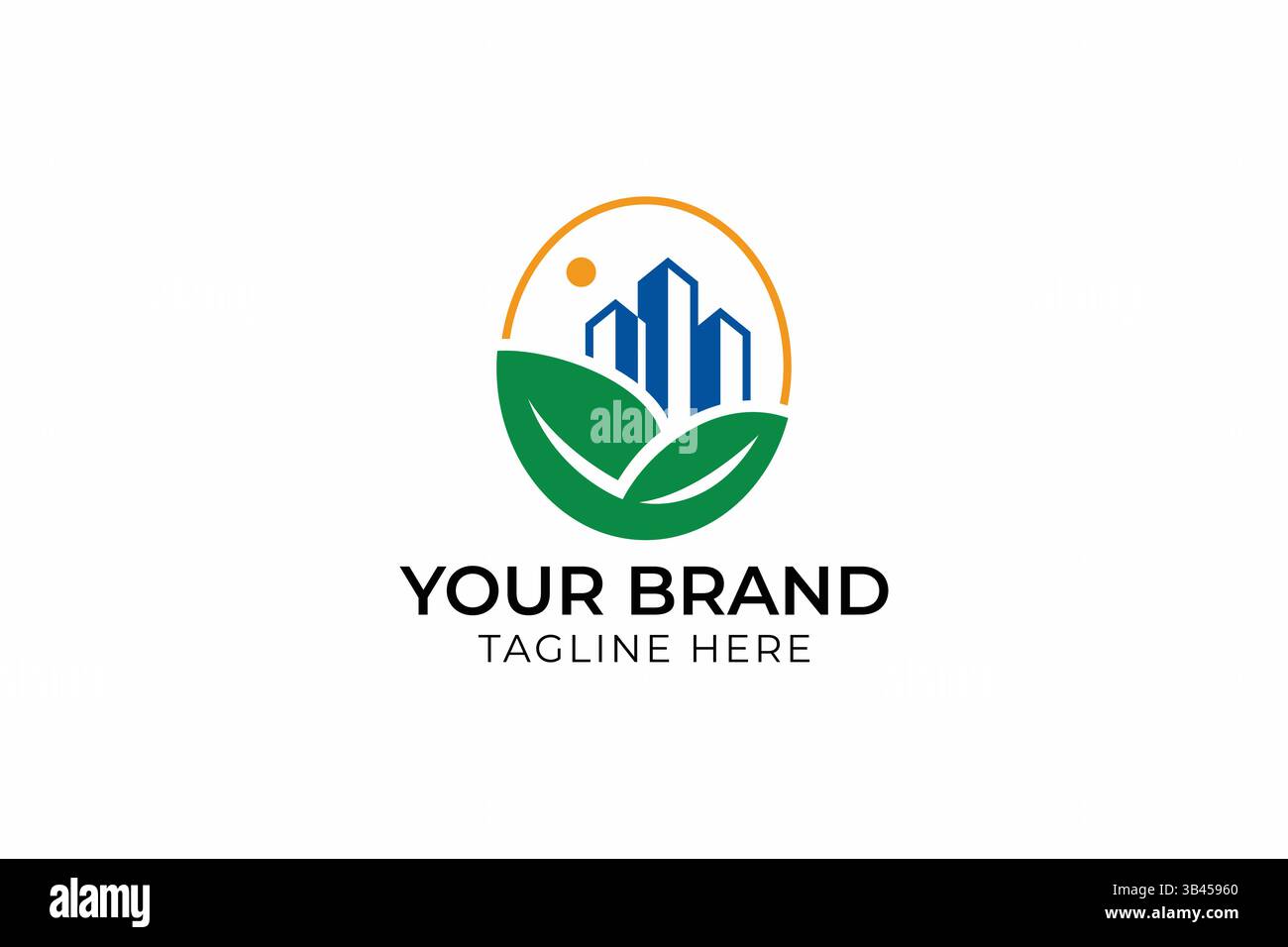 Logo de propriété écologique gratte-ciel et éléments Green Leaf pour une marque moderne Illustration de Vecteur