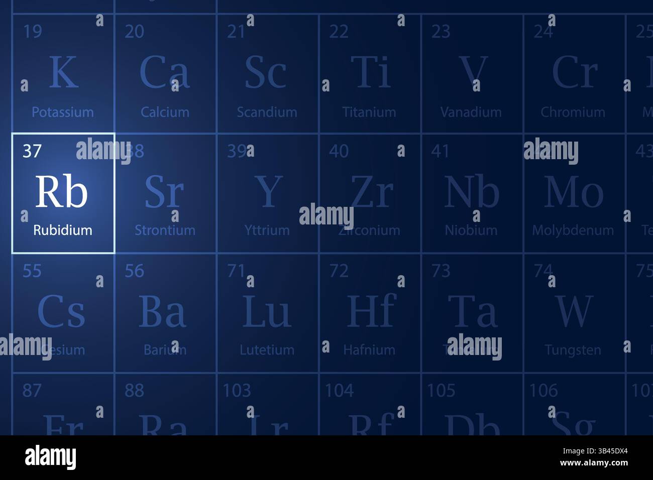 Rubidium élément mis en évidence dans le tableau périodique avec effet lumineux Illustration de Vecteur