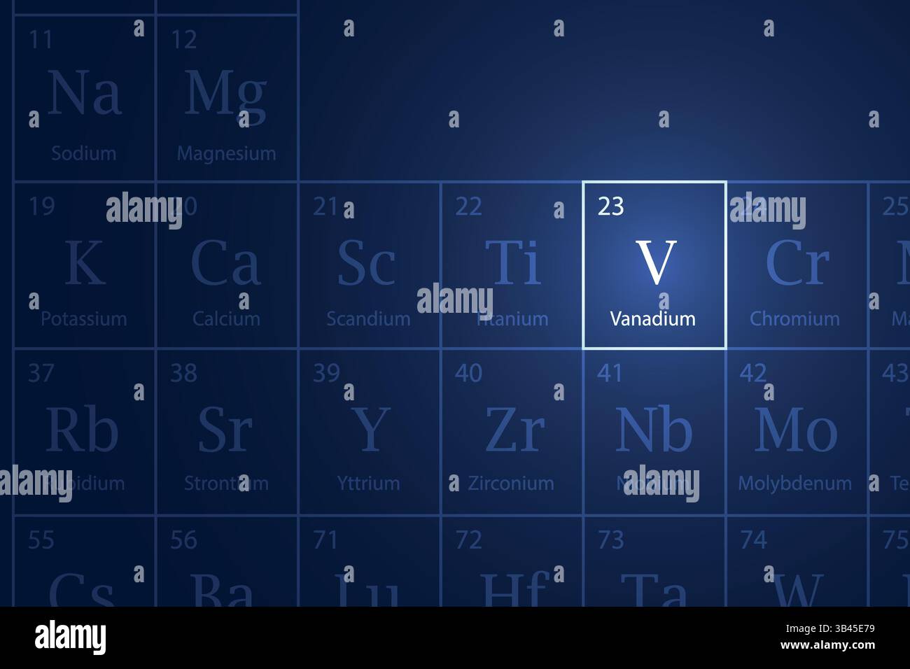 Vanadium élément mis en évidence dans le tableau périodique avec effet lumineux Illustration de Vecteur