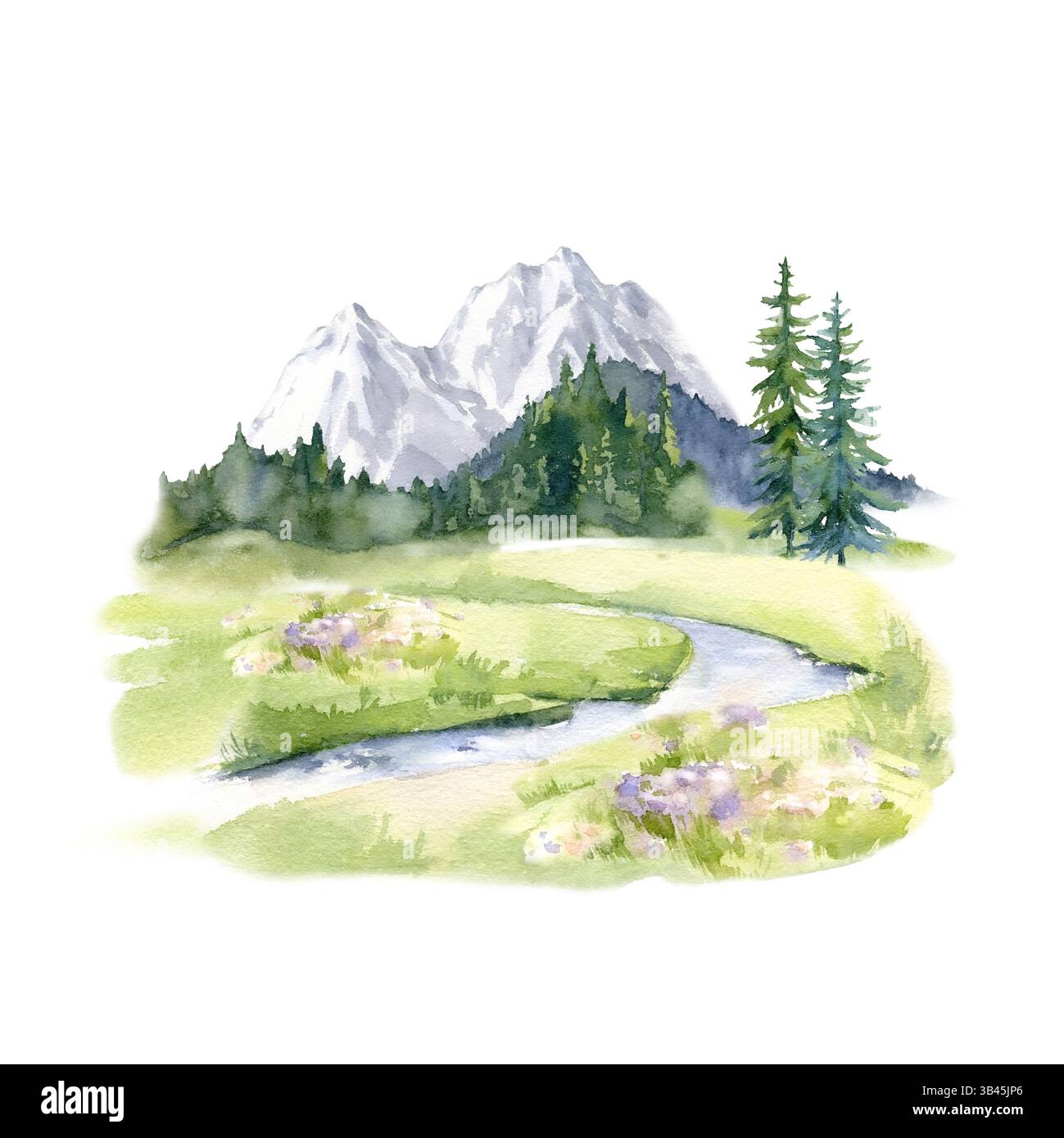 Paysage de montagne avec des sommets enneigés, rivière, forêt, sapins, champs de fleurs et ciel avec des nuages. Banque D'Images