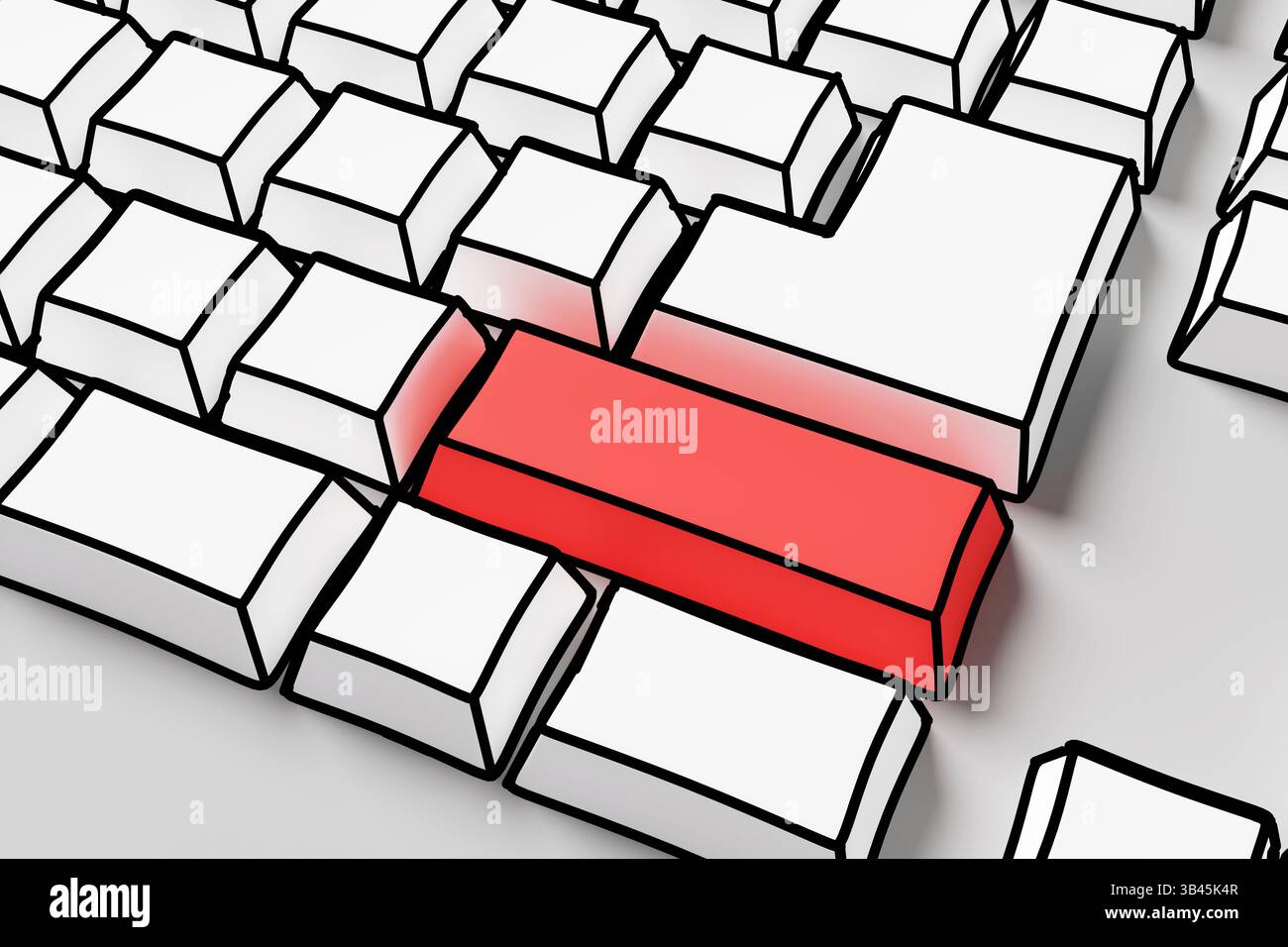 Clavier blanc dessiné à la main avec un contour épais et un capuchon rouge sur un fond gris. Copiez un espace pour saisir le mot-clé souhaité dans la clé en surbrillance Banque D'Images