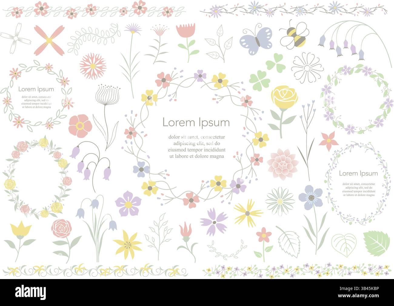 Ensemble d'illustrations d'éléments floraux vectoriels, de cadres et de bordures isolé sur Un fond blanc. Illustration de Vecteur