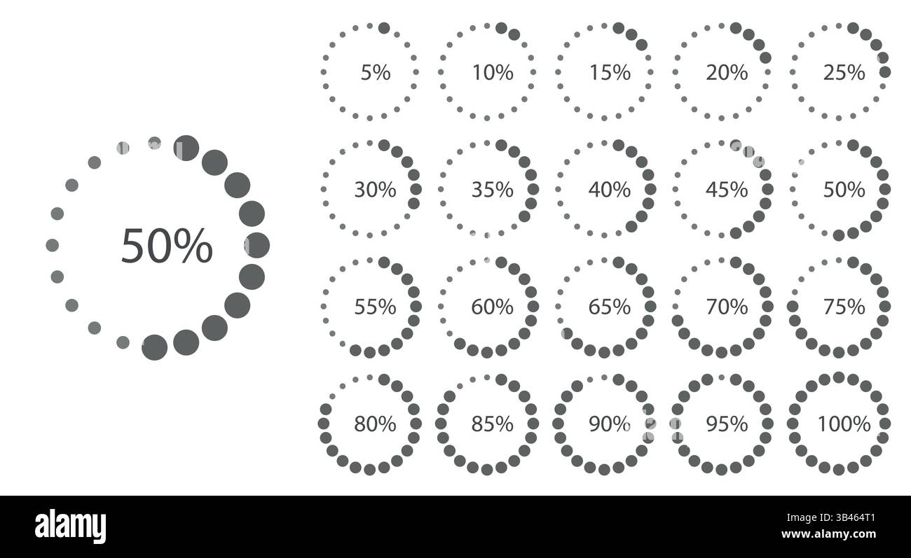 Collection de graphiques de progression en pointillés circulaires en niveaux de gris affichant des niveaux de pourcentage de 5 % à 100 % dans un style minimaliste Illustration de Vecteur