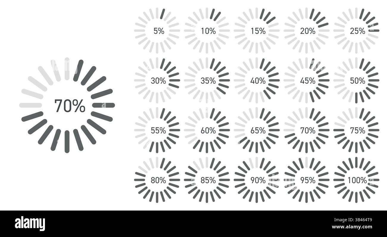 Collection de graphiques de progression à barres radiales en niveaux de gris affichant des niveaux de pourcentage de 5 % à 100 % dans un style abstrait Illustration de Vecteur