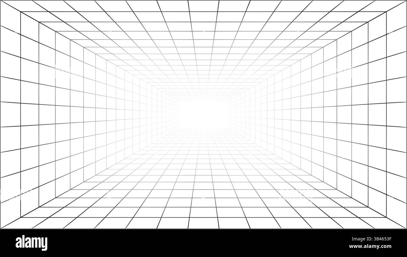 Un tunnel de grille de perspective noir et blanc avec des lignes convergentes créant un effet d'illusion optique 3D. Illustration de Vecteur