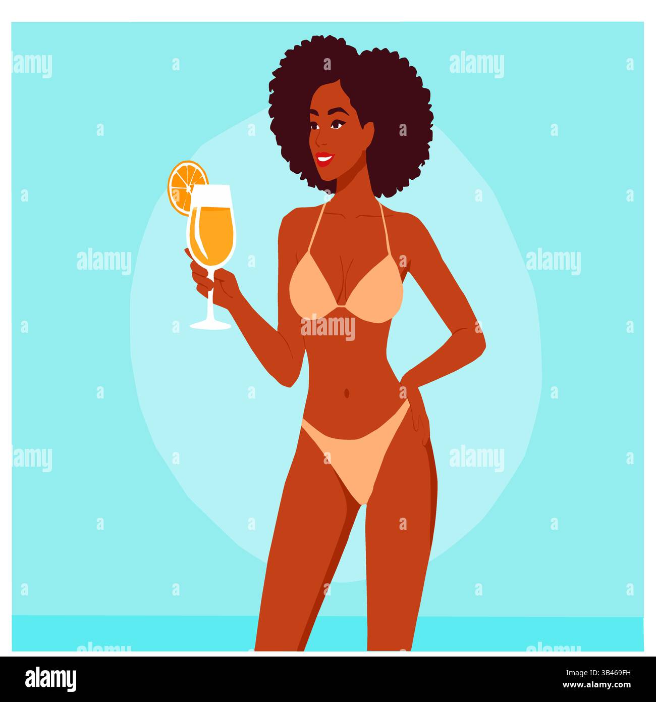 Illustration vectorielle d'une femme afro-américaine profitant d'un cocktail sur une journée ensoleillée de plage en vacances Illustration de Vecteur