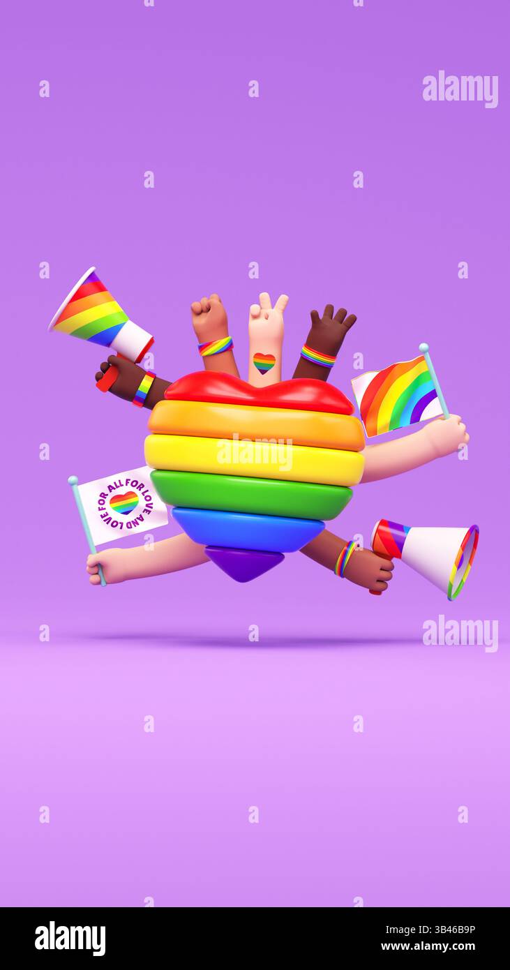 Modèle de publication de médias sociaux Happy Pride avec cœur arc-en-ciel et mains multi raciales, mégaphones et drapeaux dans l'illustration 3D et l'espace de copie. LGBTQIA+ PRI Banque D'Images