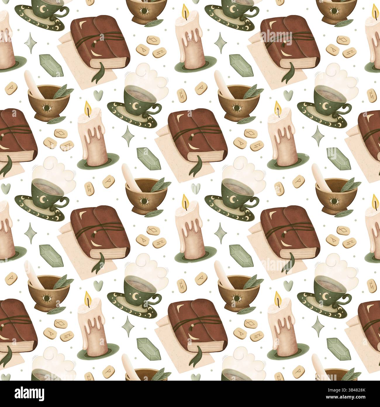 Cottagecore Seamless Pattern avec Boho Witchy Elements et Cozy Tea Banque D'Images