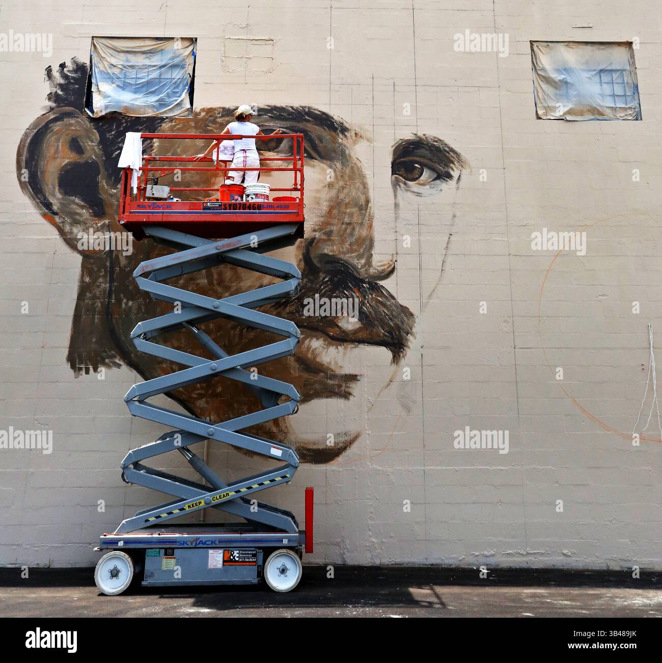 24 août 2015 - Petersburg, Florida, U.S. - SCOTT KEELER | TIMES.Artist Carrie Jadus, 39 ans, membre de Petersburg travaille sur une murale appelée ''résonance'', qui montre le portrait de l'inventeur Nikola Tesla, connu pour sa conception du système d'alimentation électrique à courant alternatif. La murale se trouve sur le côté est du siège de CreativeGenius, actuellement en construction à Pétersbourg au 2232 5e Avenue Sud. (Crédit image : © Scott Keeler/Tampa Bay Times via ZUMA Wire) Banque D'Images