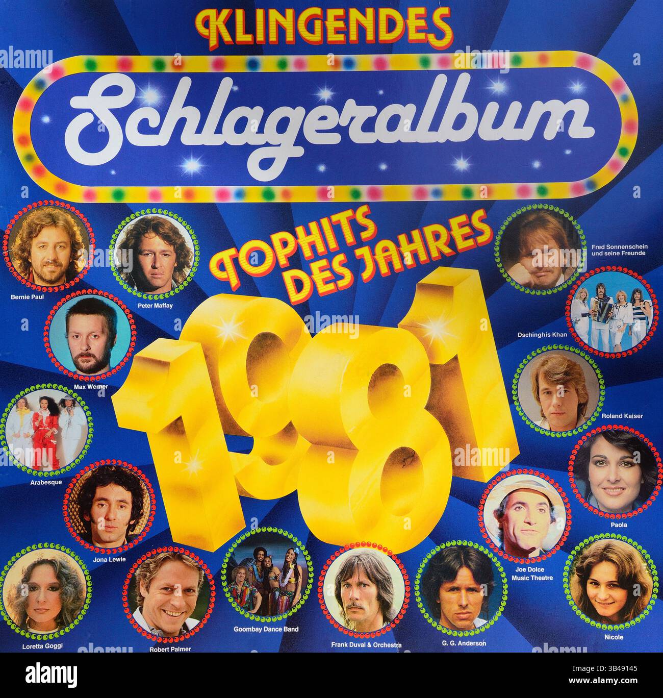 Pochette de disque vinyle vintage, arious, album à succès sonore, Top Hits of the Year 1981 Banque D'Images