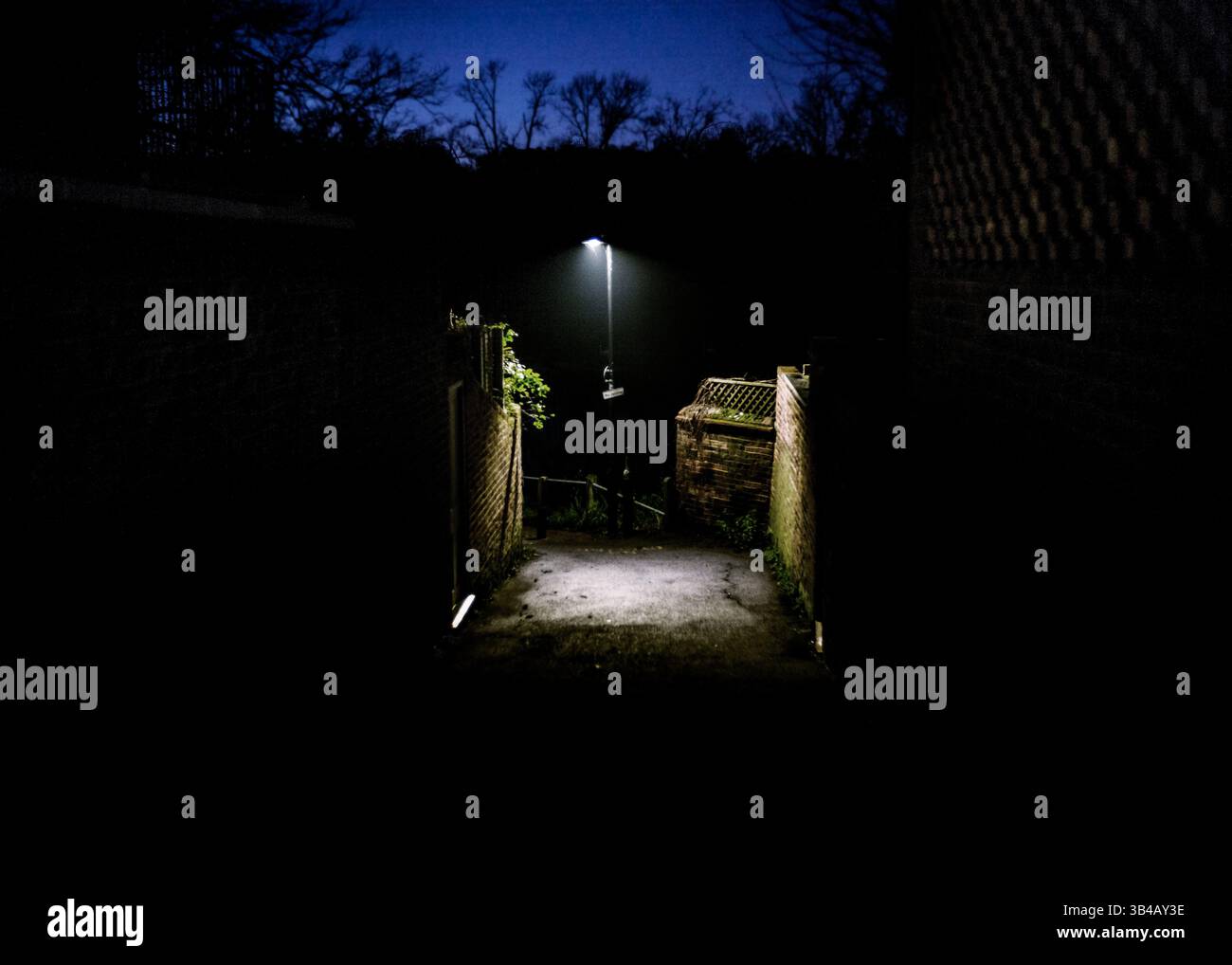voie la nuit éclairée par un seul lampadaire Banque D'Images