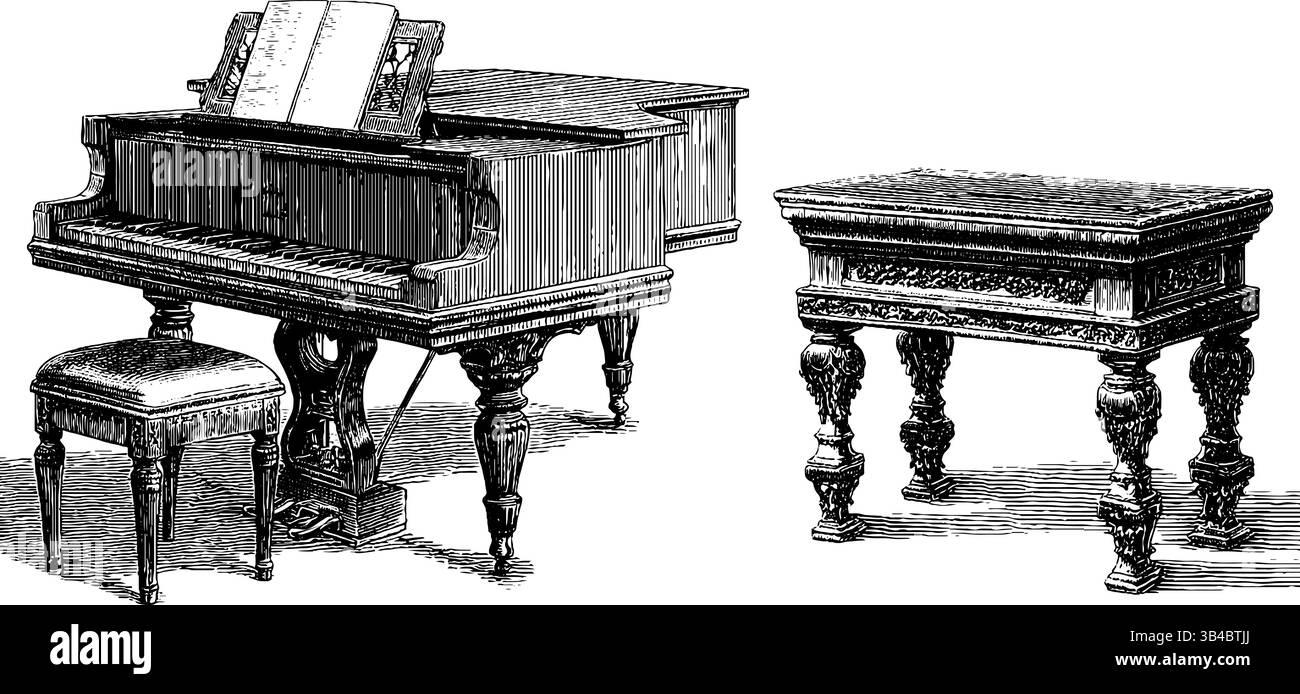 Piano vintage et ensemble de gravure de bureau de musique pour les projets de design classique. Illustration de Vecteur
