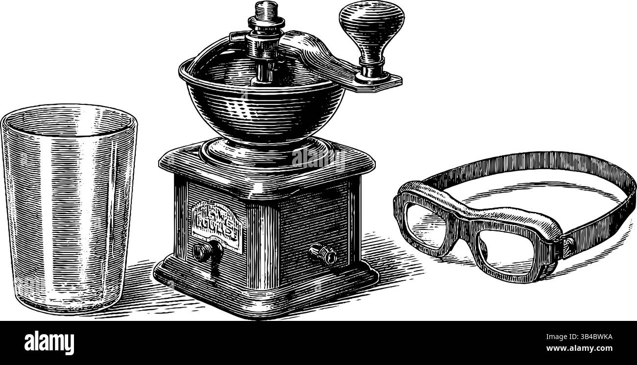 Gravure vintage de meuleuse antique, verre et lunettes de sécurité pour les concepts de design industriel. Illustration de Vecteur