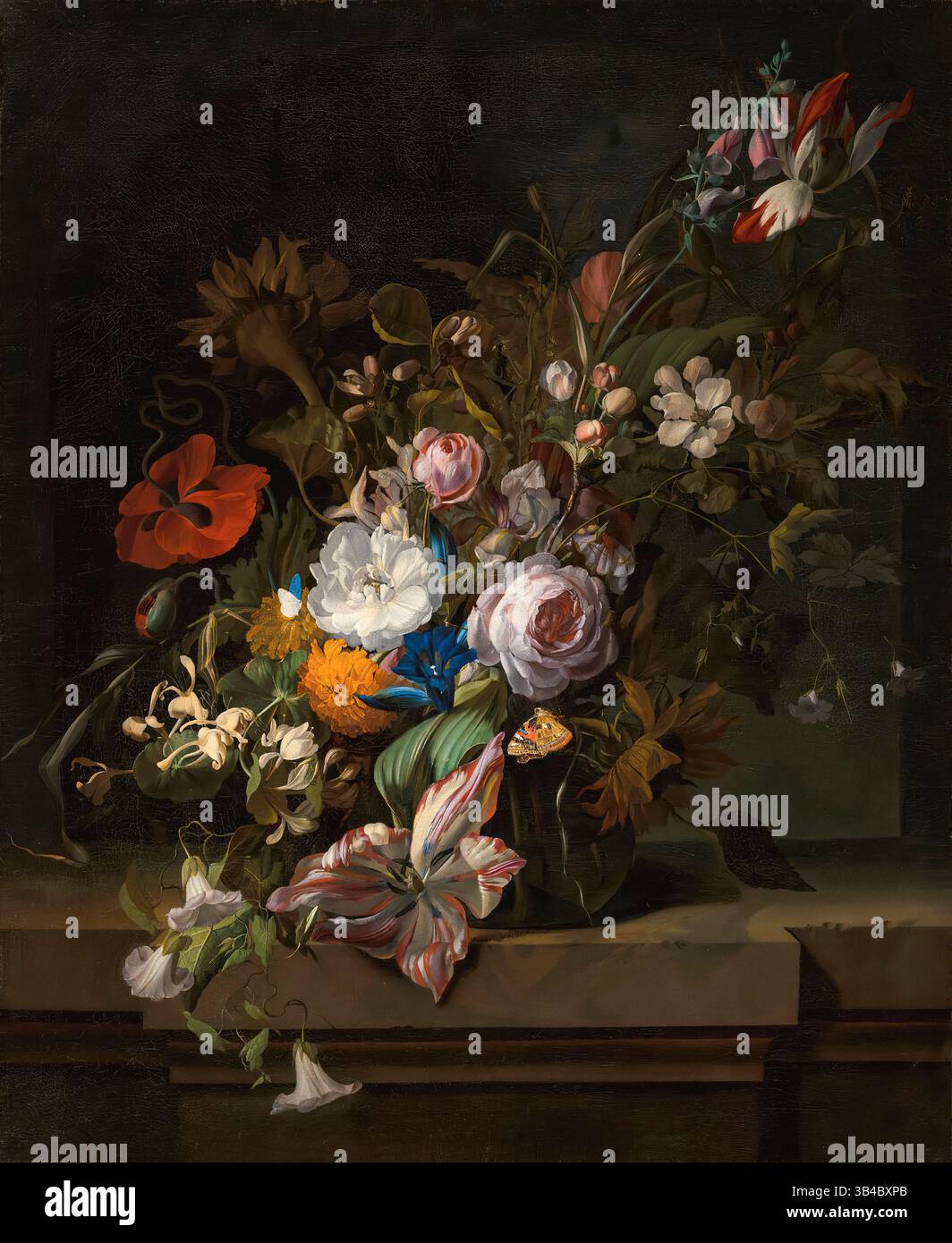 Rachel Ruysch, tulipes, rose, chèvrefeuille, fleur de pomme, coquelicots, et autres fleurs dans un vase en verre avec un papillon sur un rebord de marbre, peinture de natures mortes à l'huile sur toile, 1691-1694 Banque D'Images