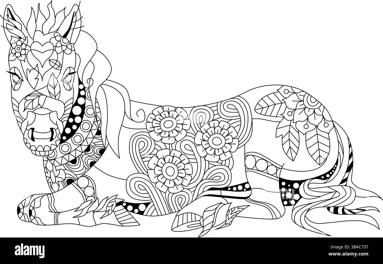 Cheval couché zentangle stylé pour la conception de t-shirt, pour tatouage et autres décorations Illustration de Vecteur