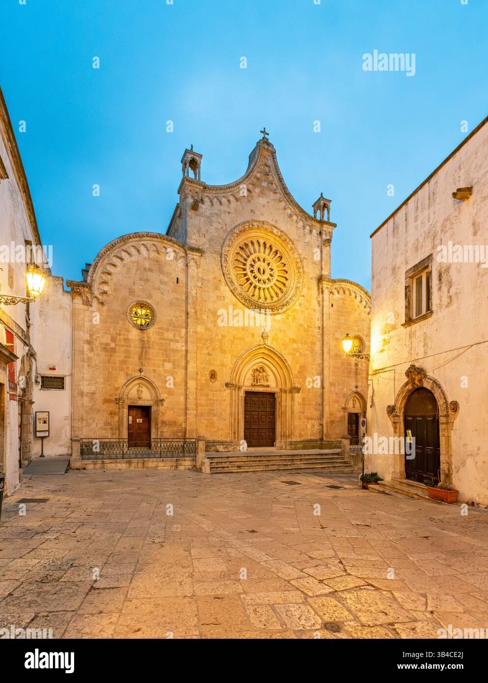 Illuminé cathédrale Ostuni la nuit, Pouilles - Pouilles, Italie Banque D'Images