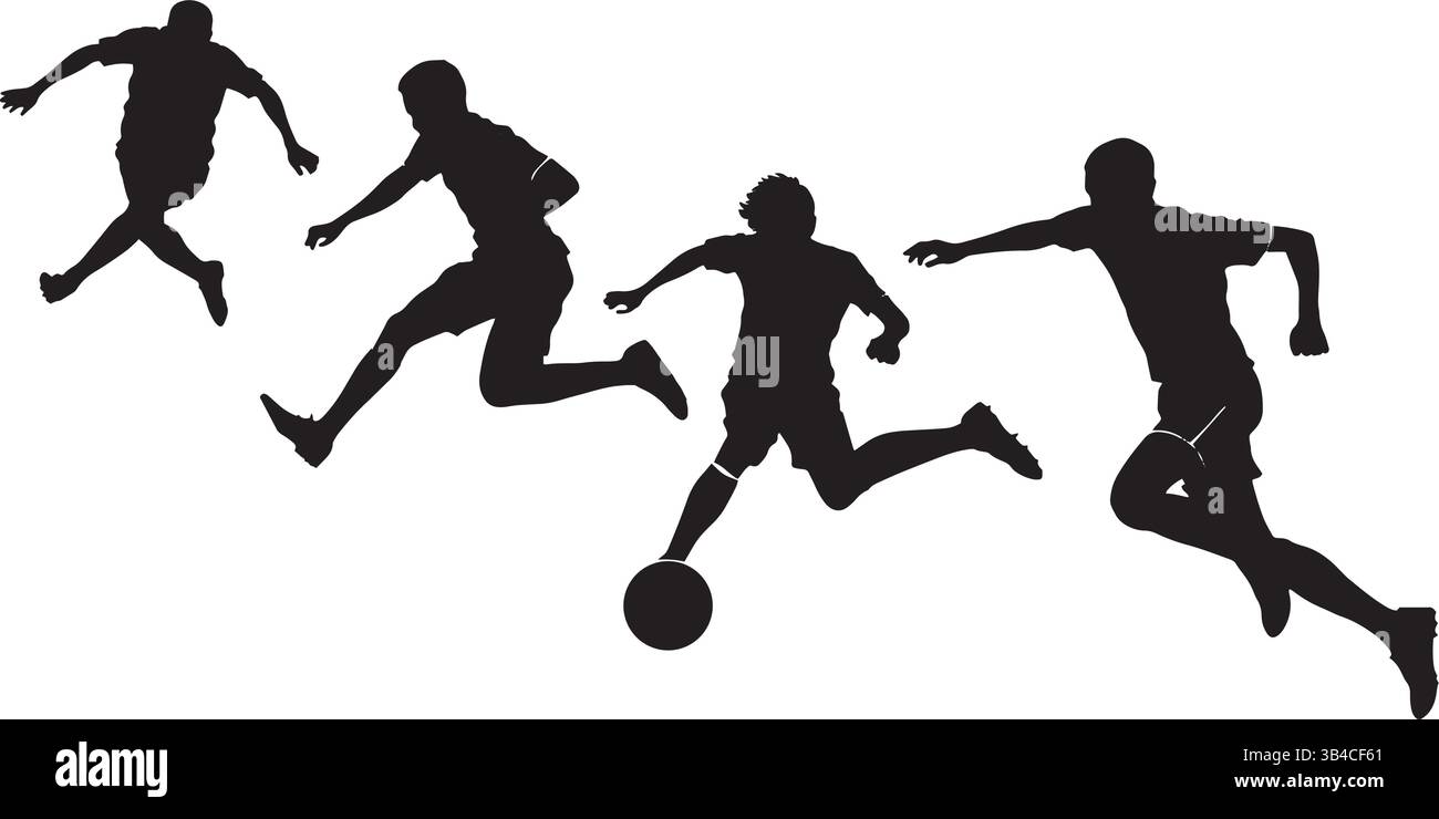 Silhouettes de joueur de football – pose d'action de football noir et blanc avec mouvement dynamique et compétences athlétiques Illustration de Vecteur