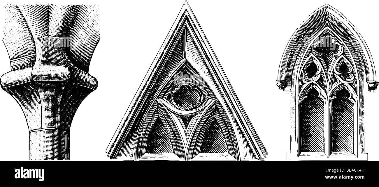 Eléments architecturaux : illustrations gravées de contreforts volants et de fenêtres gothiques. Illustration de Vecteur