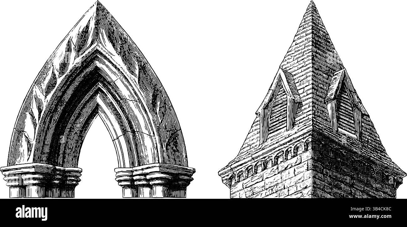Éléments architecturaux : contrefort volant gravé et détails gothiques pour la conception. Illustration de Vecteur