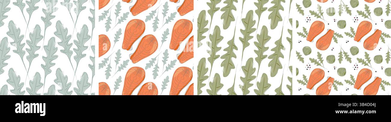 Arugula à main levée laisse des steaks de saumon choux de Bruxelles motifs sans couture manger sain fond Big Set. Conception vectorielle isolée cartes de menu thématique papier peint, emballage ou bannière promo web, dépliant, prix Illustration de Vecteur