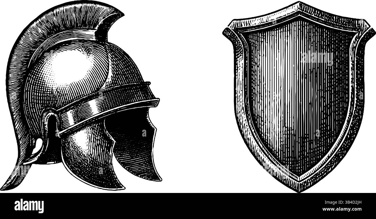Casque romain gravé et illustration de bouclier parfait pour les conceptions historiques et les objets de collection. Illustration de Vecteur